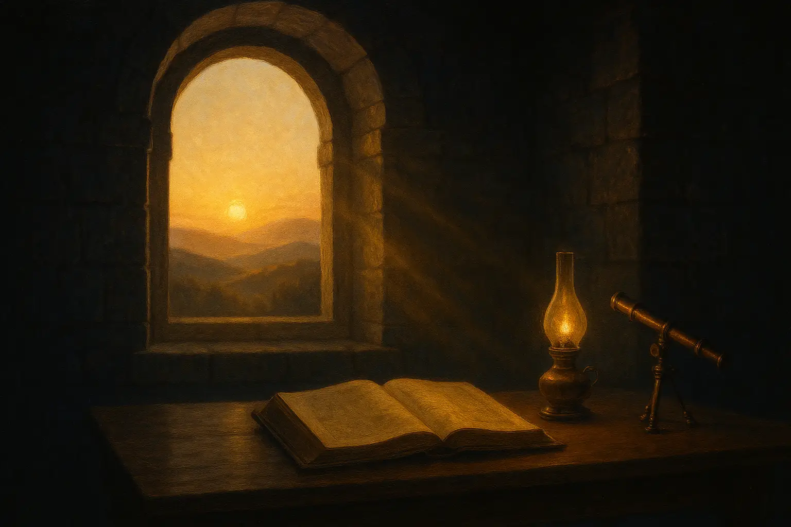 An old stone study at dawn with an open book and a window onto distant hills